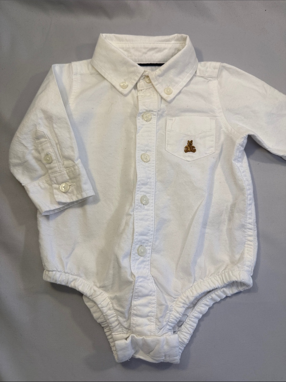GAP White Long-Sleeve Button-Up/down Baby Bodysuit with Teddy Patch